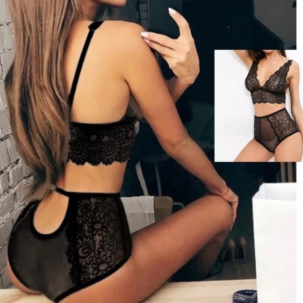 NWT 2pc Sexy Bra Bralette Cutout Back Black Sheer Lace High Waisted Panty Set XL